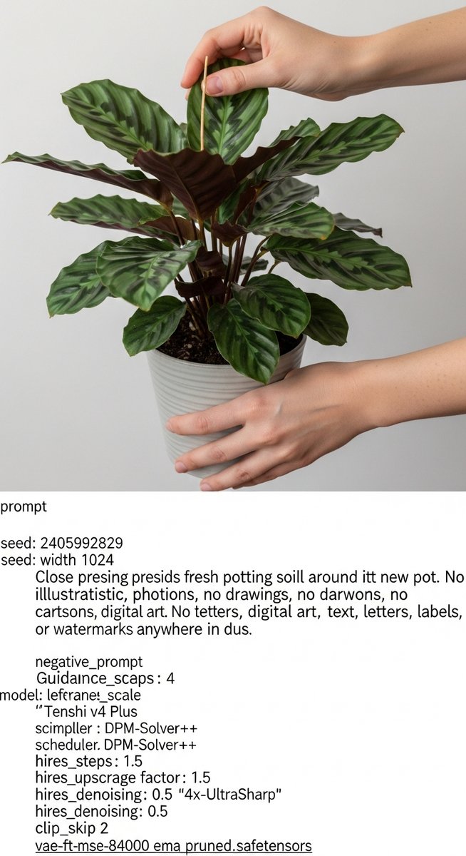 hands pressing fresh soil around a calathea plant in its new pot
