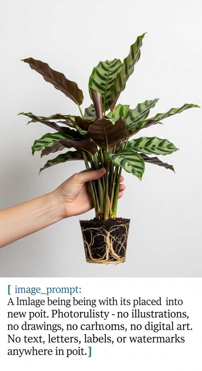 a calathea plant held with roots visible ready to go into a new pot, for repot calathea