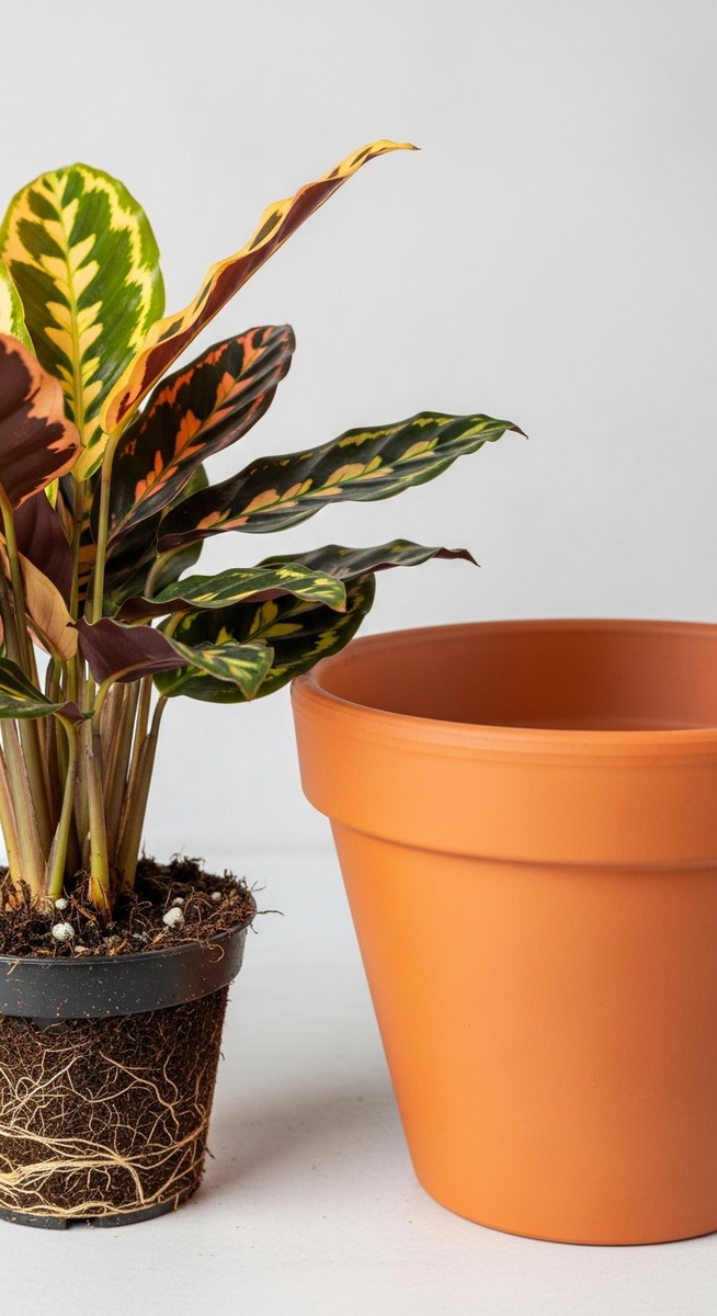 a calathea plant in a small pot beside a larger empty pot