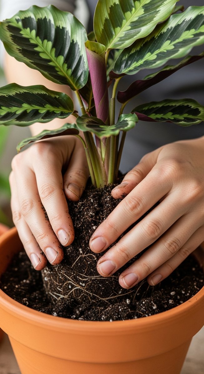 hands pressing fresh soil around a calathea plant in its new pot