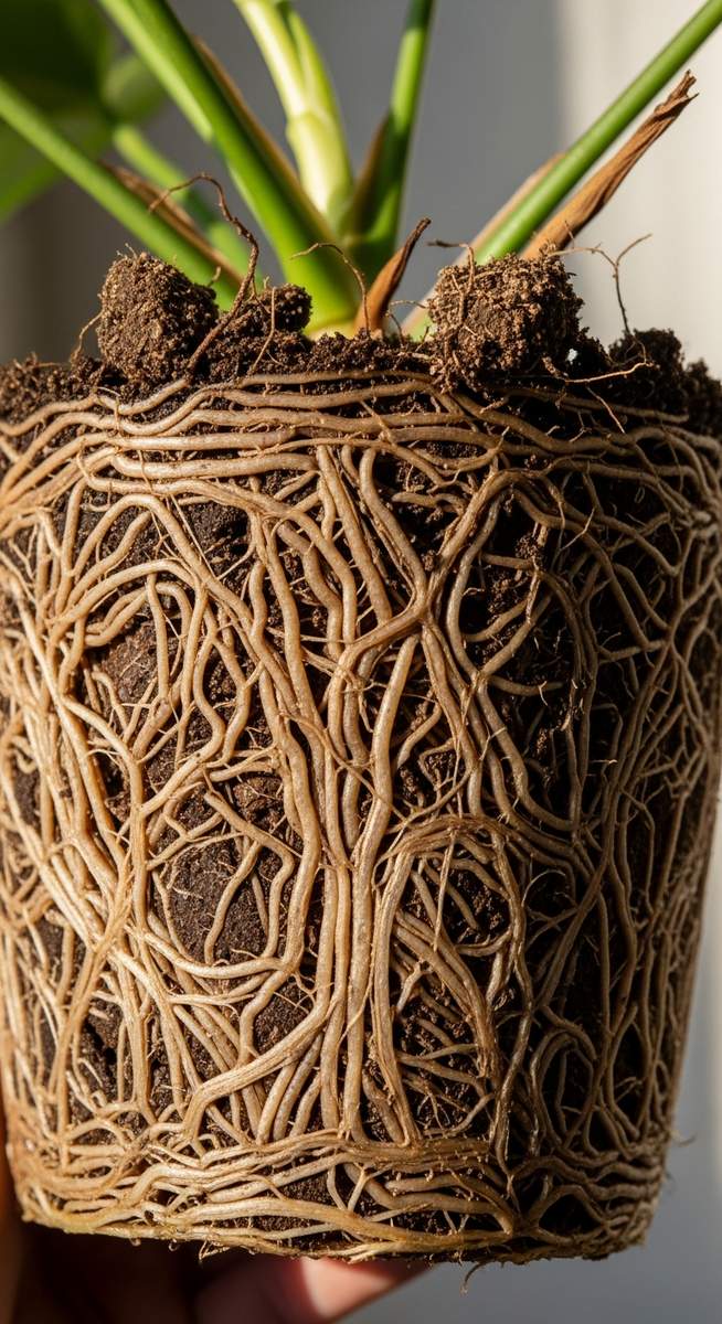 close-up of a philodendron plant's root ball exposed after removing from its pot