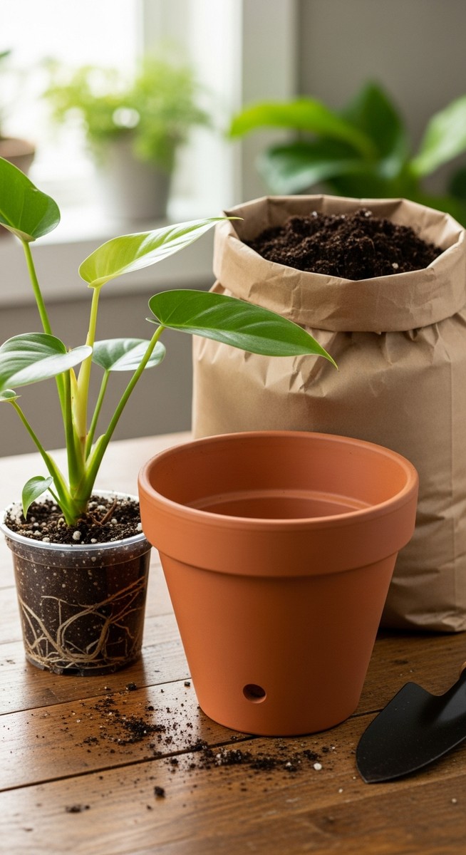 a philodendron plant next to a larger pot and fresh potting soil ready to repot, for repot philodendron