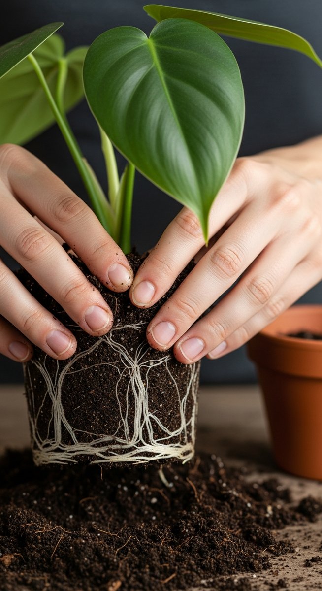 hands loosening compacted soil around a philodendron root ball