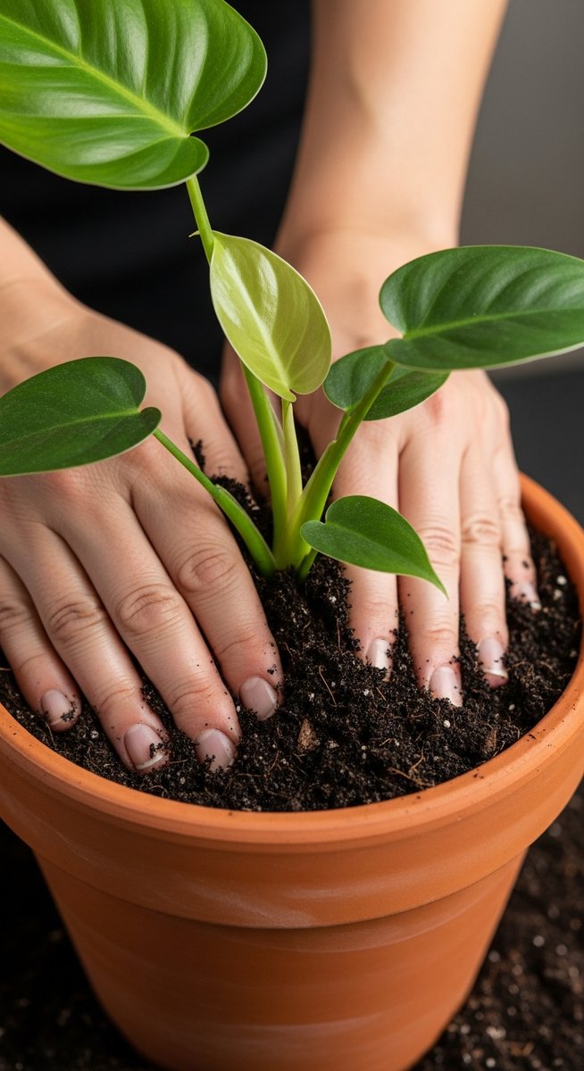 hands pressing fresh soil around a philodendron plant in its new pot