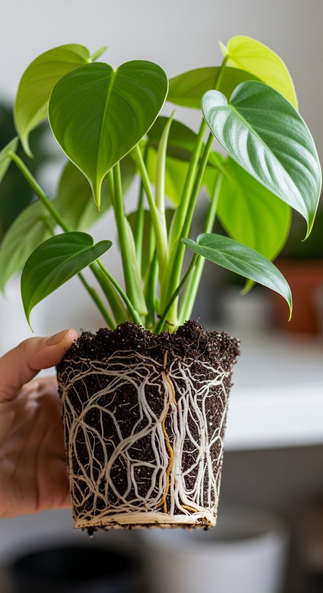 a philodendron plant held with roots visible ready to go into a new pot, for repot philodendron