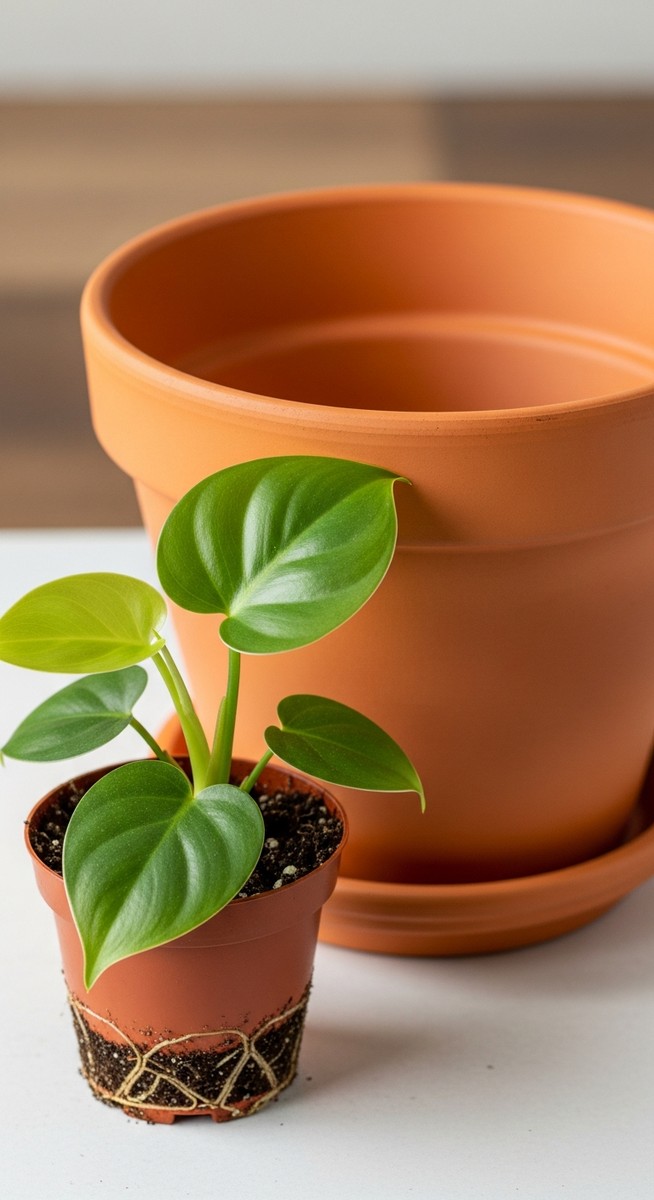 a philodendron plant in a small pot beside a larger empty pot