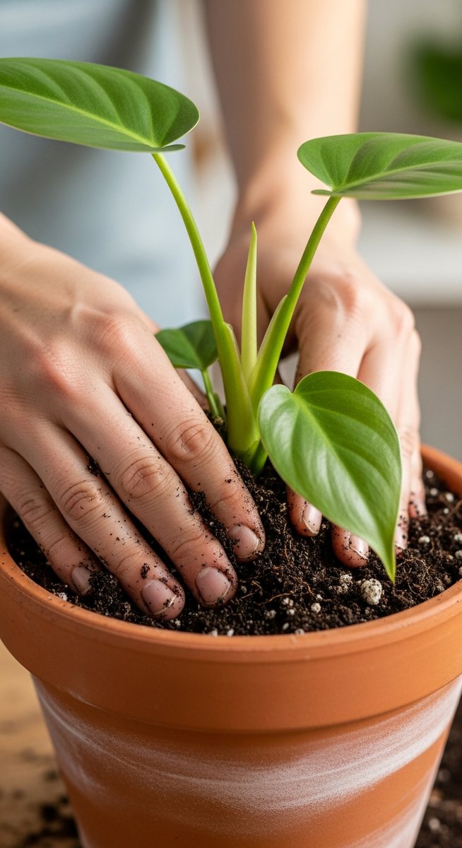 hands pressing fresh soil around a philodendron plant in its new pot