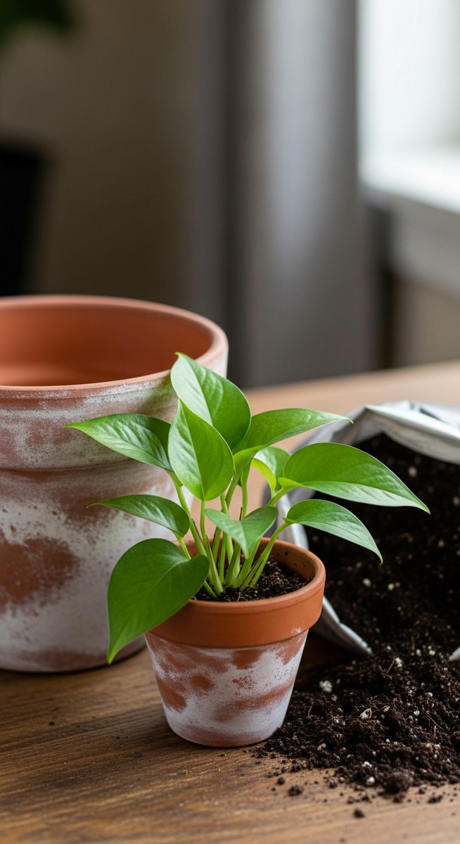 a pothos plant next to a larger pot and fresh potting soil ready to repot, for repot pothos