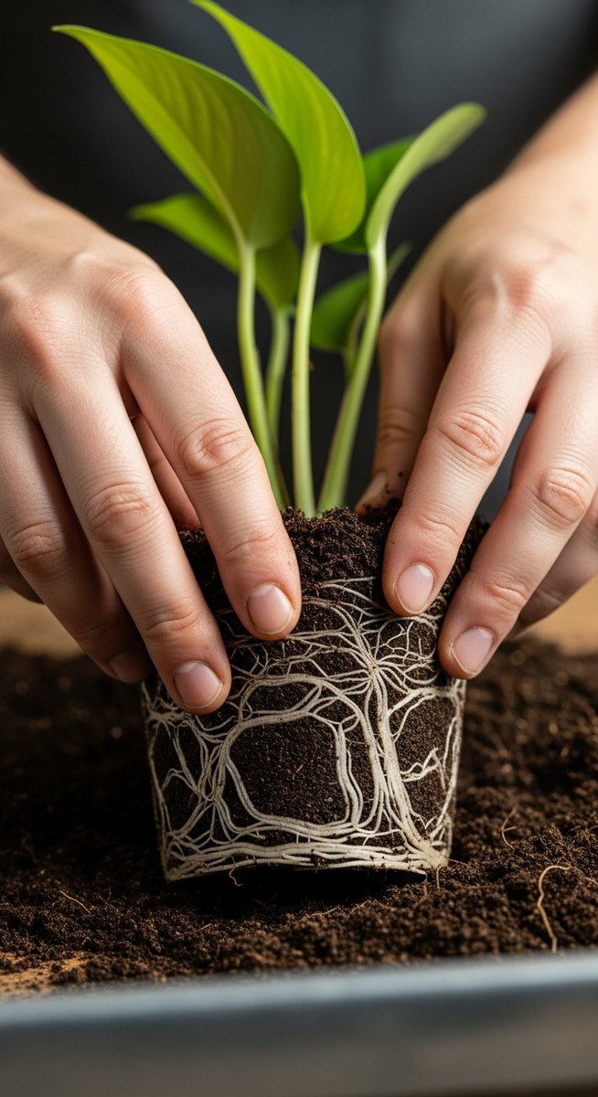 hands loosening compacted soil around a pothos root ball