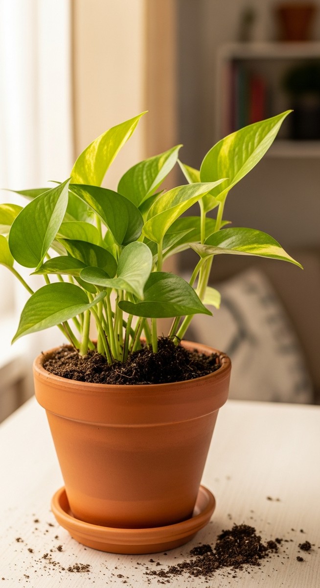 a freshly repotted pothos plant in a new pot with fresh soil, for repot pothos