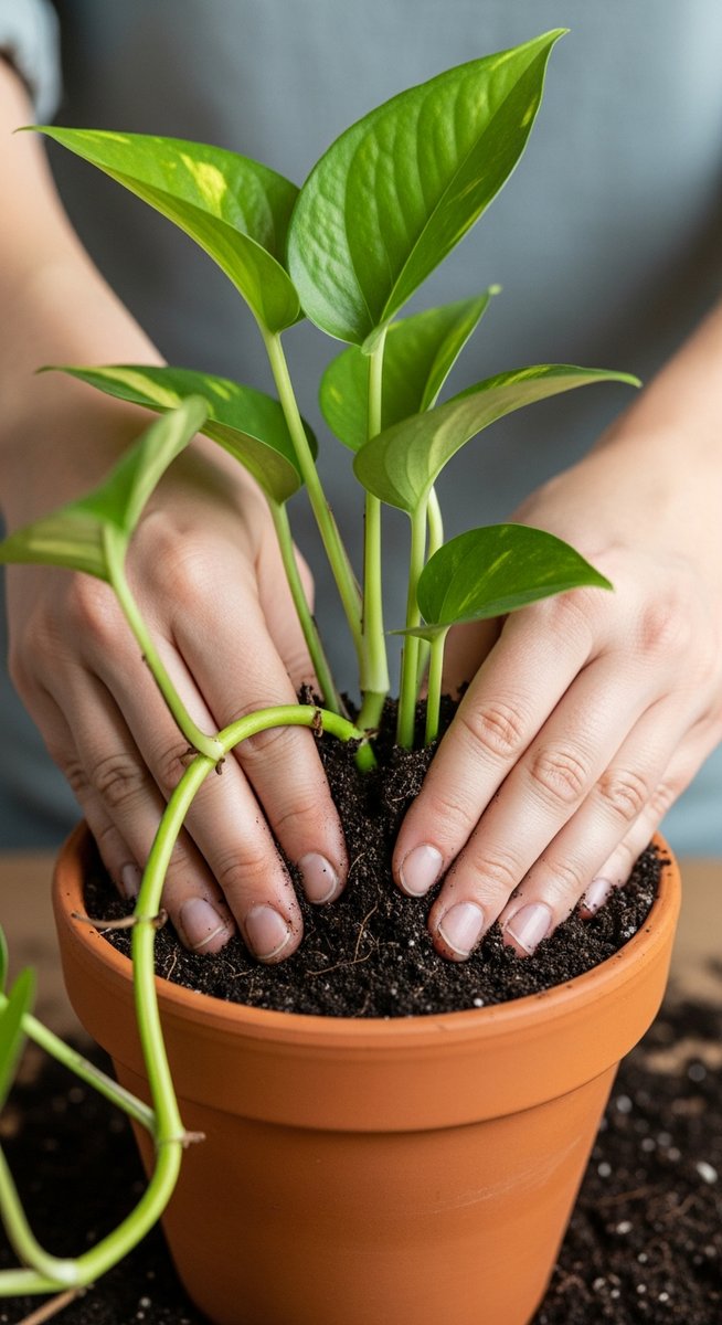 hands pressing fresh soil around a pothos plant in its new pot