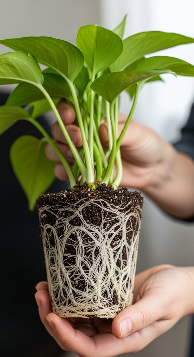 a pothos plant held with roots visible ready to go into a new pot, for repot pothos