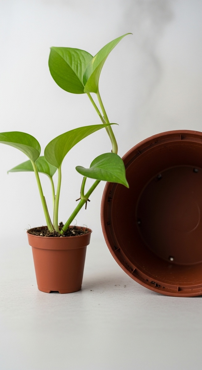 a pothos plant in a small pot beside a larger empty pot