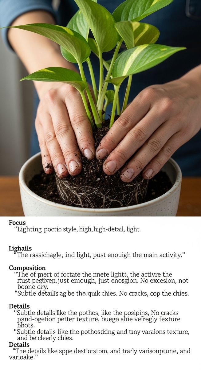 hands pressing fresh soil around a pothos plant in its new pot