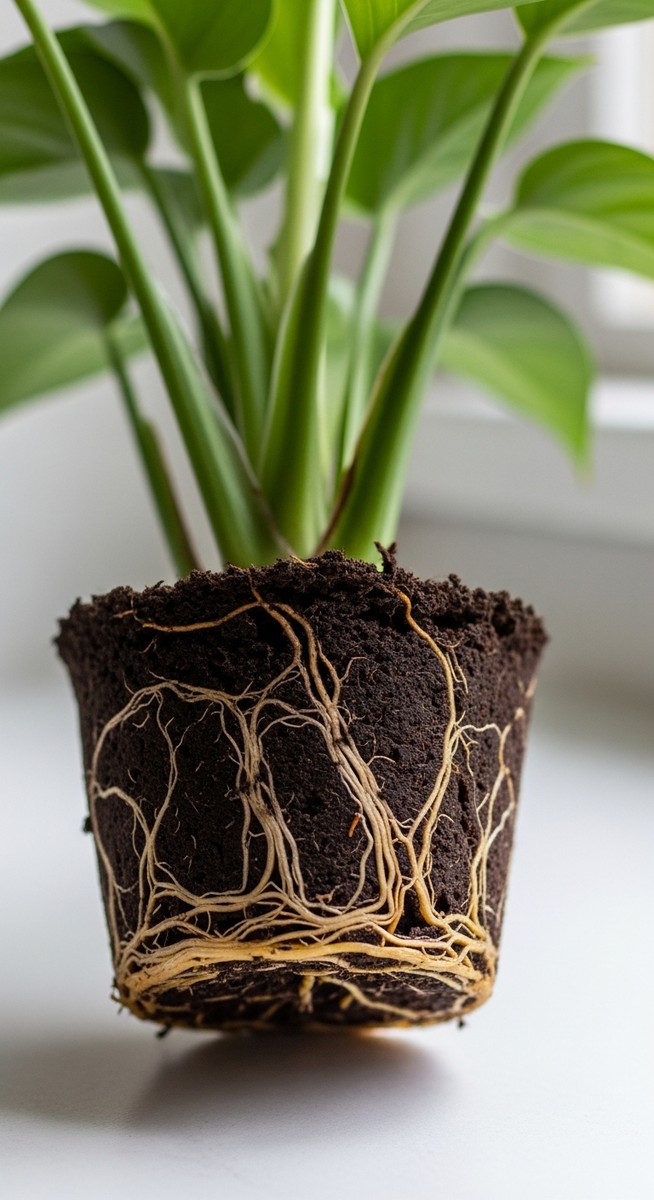 close-up of a repotting houseplants plant's root ball exposed after removing from its pot