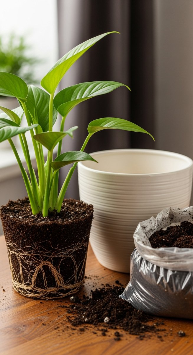 a repotting houseplants plant next to a larger pot and fresh potting soil ready to repot, for repotting houseplants