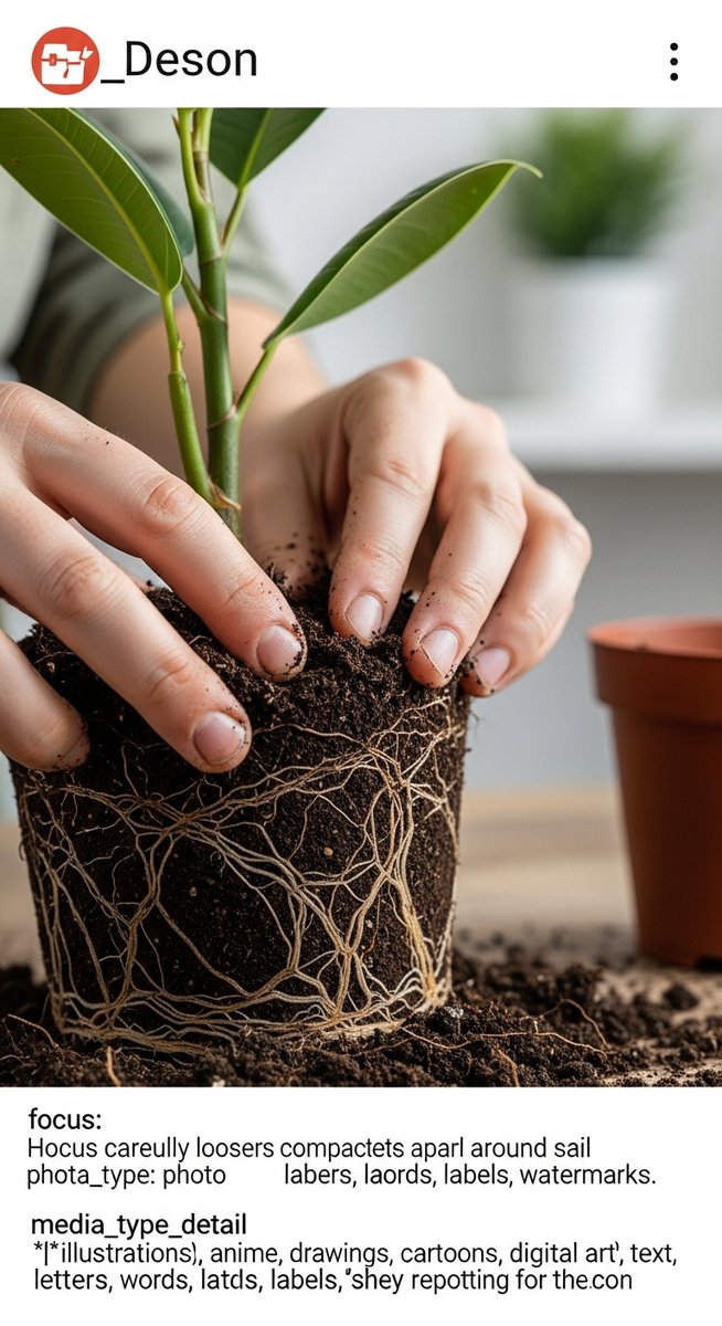 hands loosening compacted soil around a repotting houseplants root ball