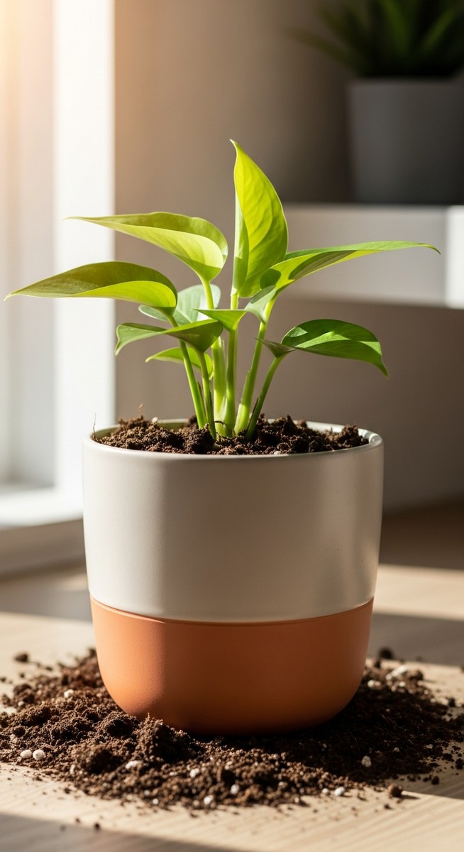 a freshly repotted repotting houseplants plant in a new pot with fresh soil, for repotting houseplants