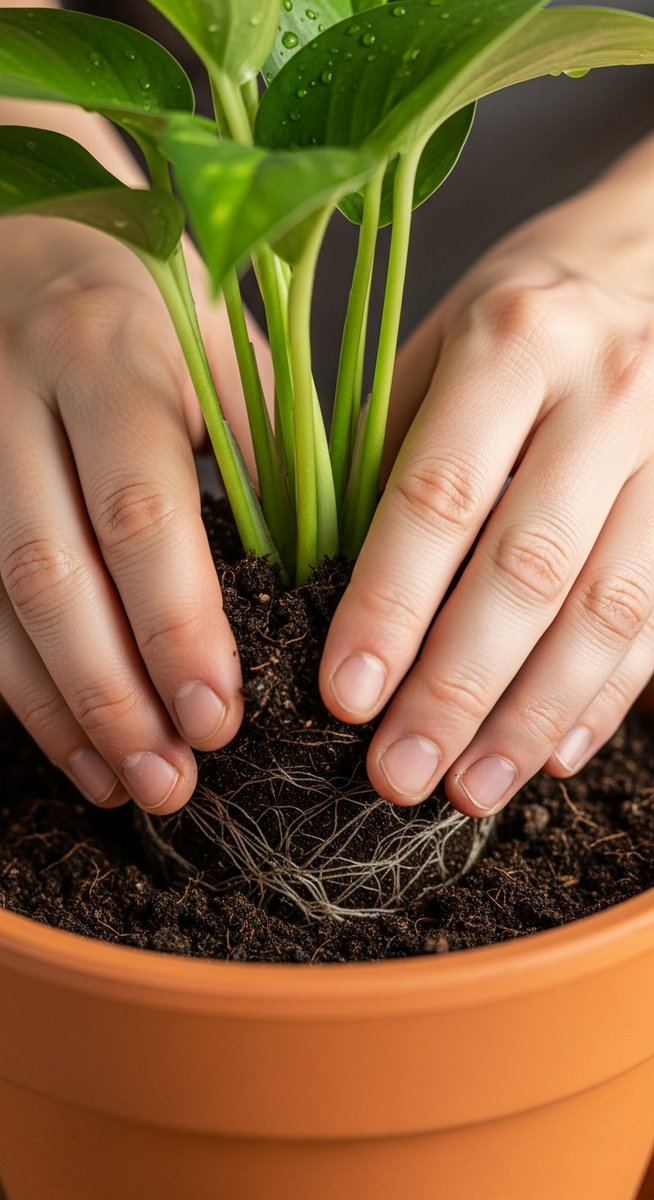 hands pressing fresh soil around a repotting houseplants plant in its new pot
