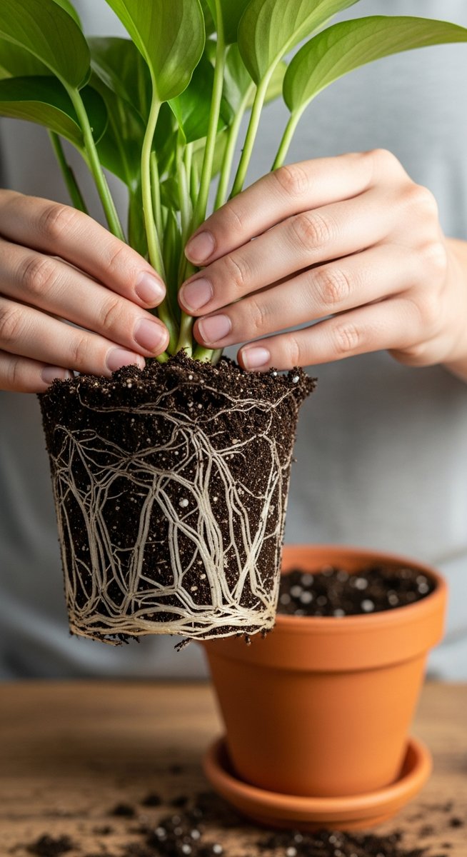 a repotting houseplants plant held with roots visible ready to go into a new pot, for repotting houseplants