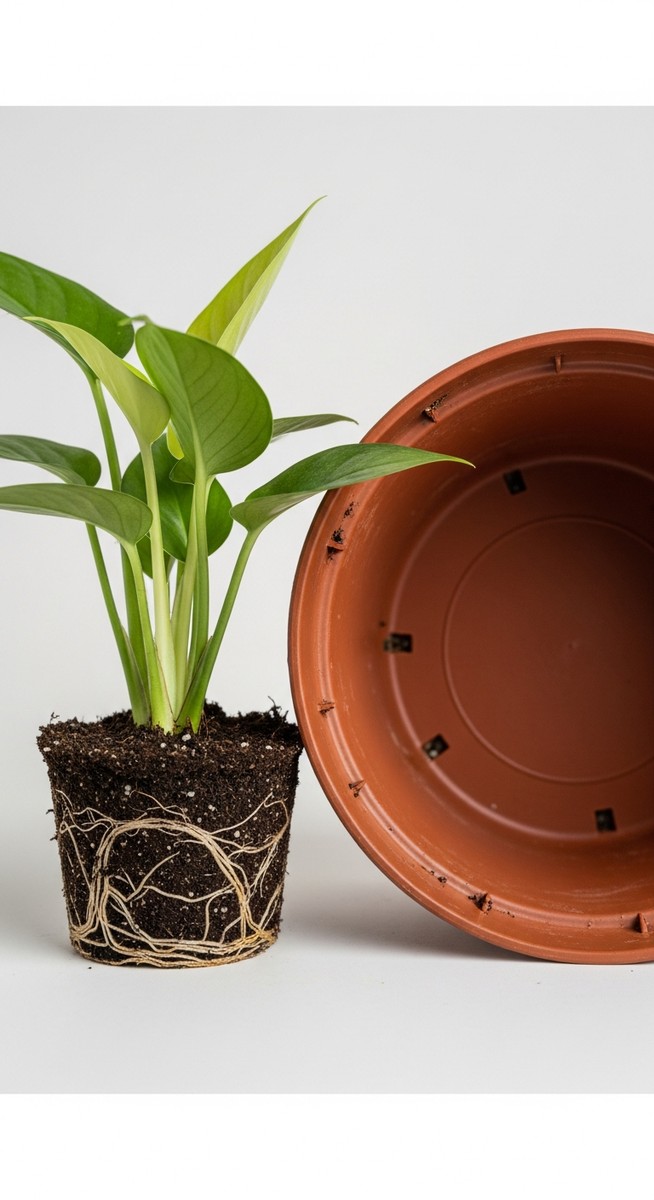 a repotting houseplants plant in a small pot beside a larger empty pot