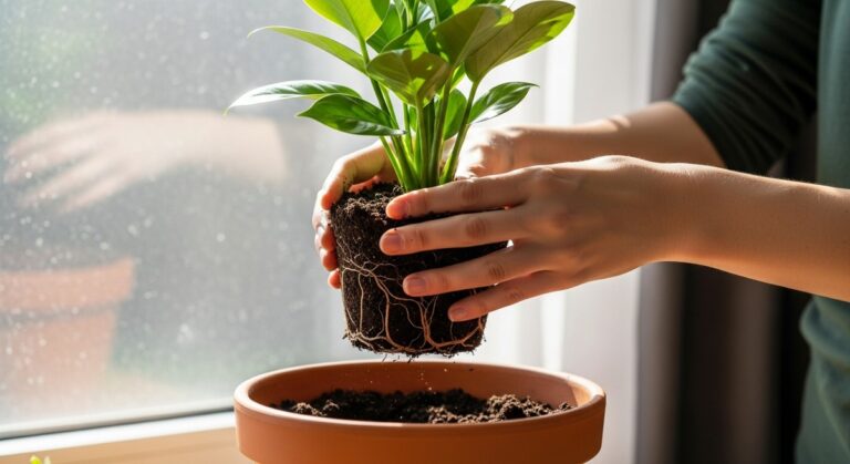 hands repotting a repotting houseplants plant into a larger pot with fresh soil, for repotting houseplants