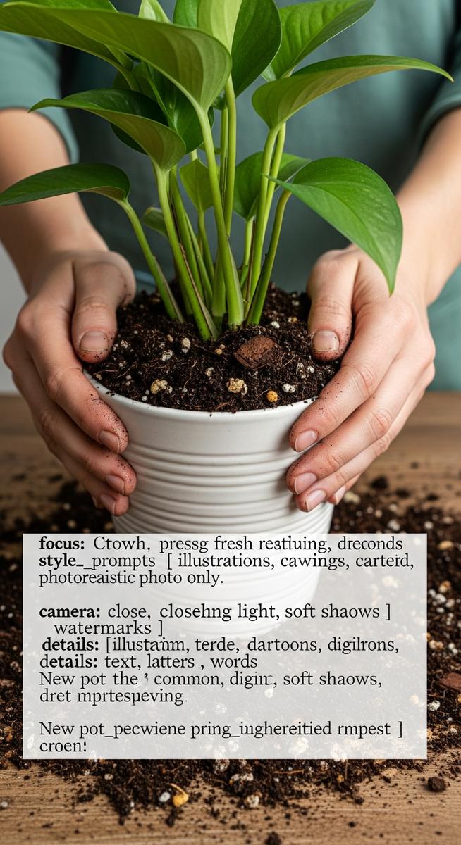 hands pressing fresh soil around a repotting houseplants plant in its new pot