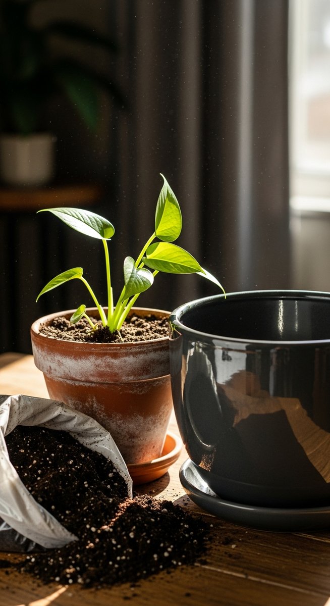 a mistakes plant next to a larger pot and fresh potting soil ready to repot, for repotting mistakes houseplants