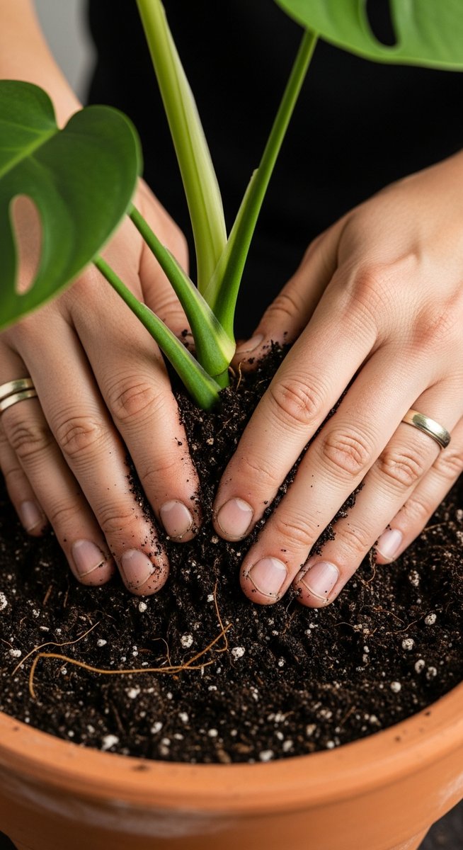 hands pressing fresh soil around a mistakes plant in its new pot