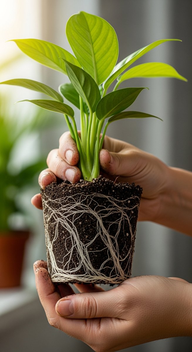 a mistakes plant held with roots visible ready to go into a new pot, for repotting mistakes houseplants