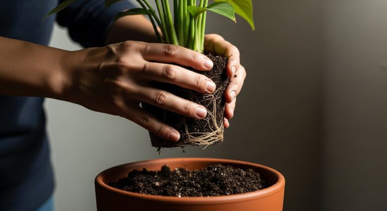 hands repotting a mistakes plant into a larger pot with fresh soil, for repotting mistakes houseplants
