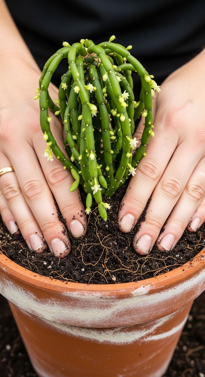 hands pressing fresh soil around a mistakes plant in its new pot