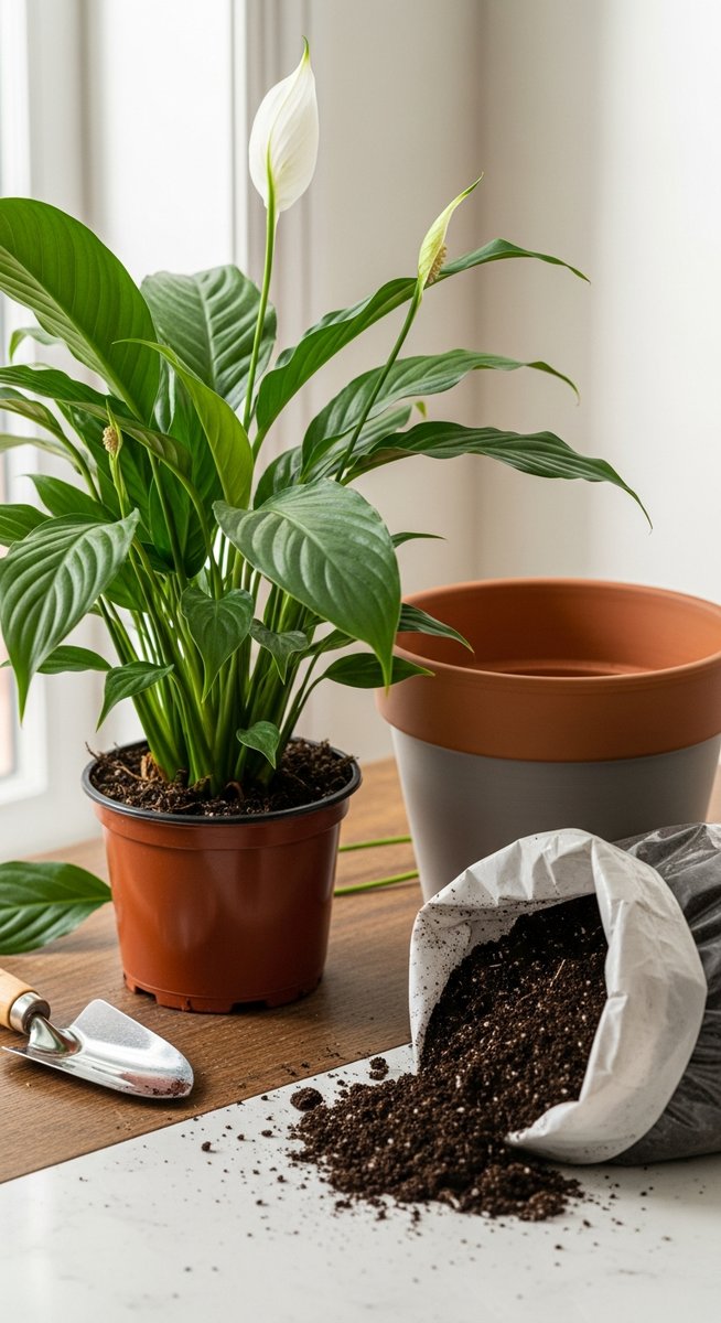 a peace lilies plant next to a larger pot and fresh potting soil ready to repot, for repotting peace lilies