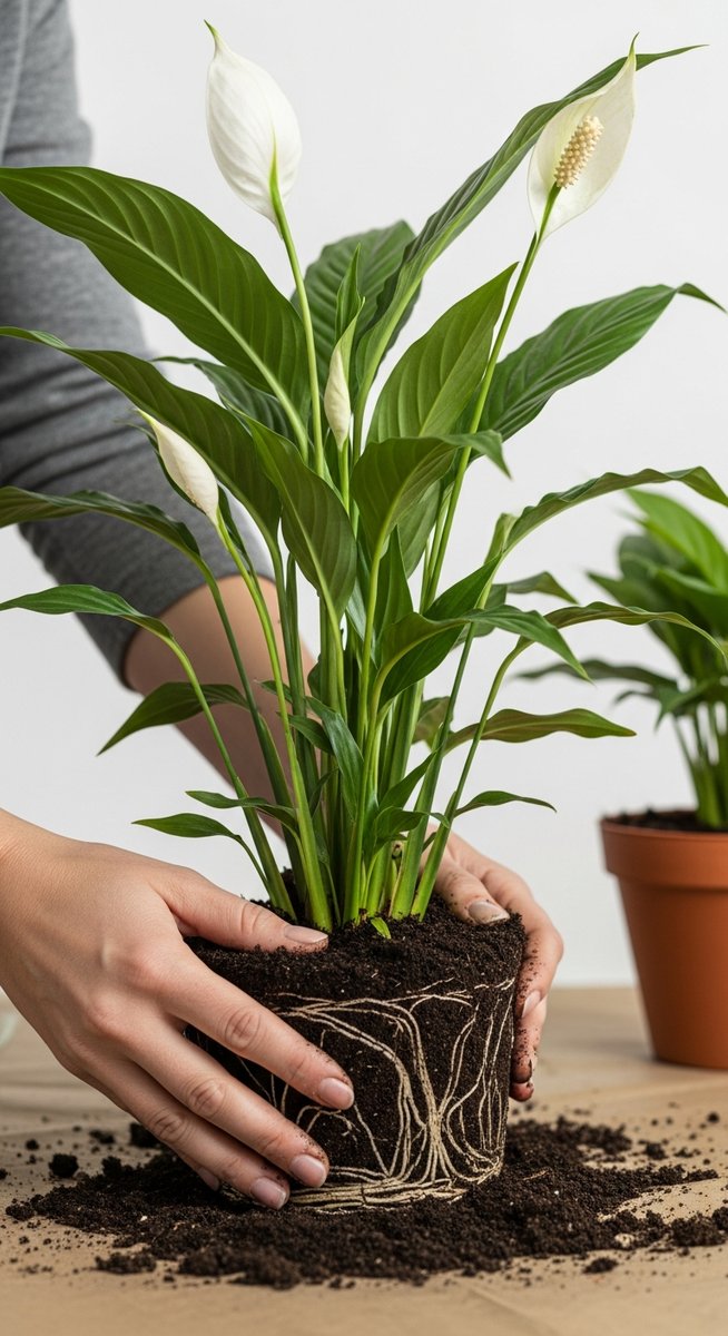 hands loosening compacted soil around a peace lilies root ball
