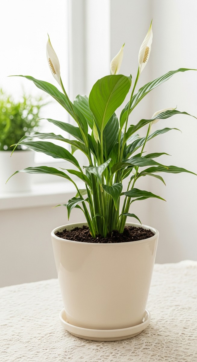 a freshly repotted peace lilies plant in a new pot with fresh soil, for repotting peace lilies