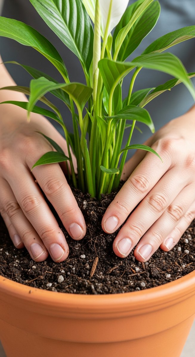 hands pressing fresh soil around a peace lilies plant in its new pot