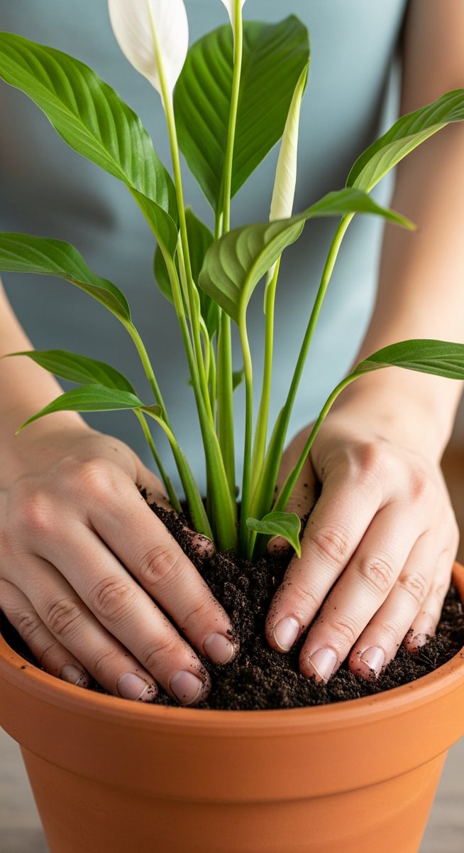 hands pressing fresh soil around a peace lilies plant in its new pot