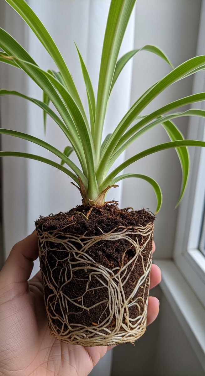 close-up of a spider plant plant's root ball exposed after removing from its pot