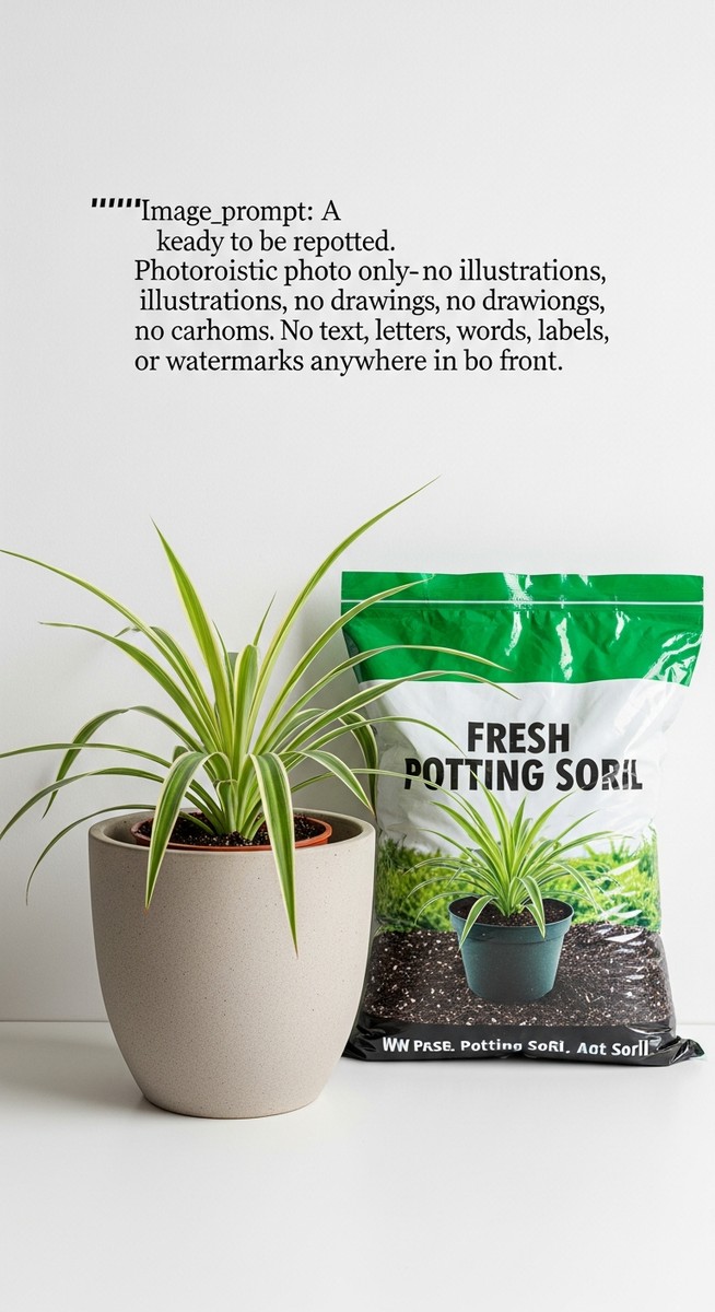 a spider plant plant next to a larger pot and fresh potting soil ready to repot, for repotting spider plants
