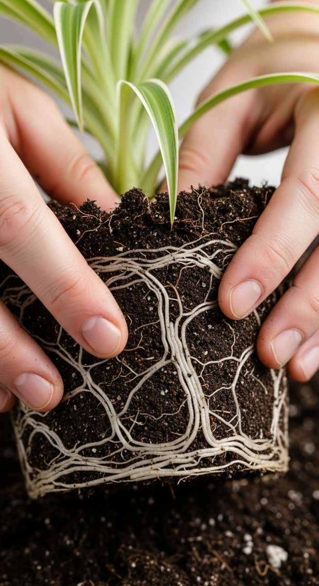 hands loosening compacted soil around a spider plant root ball