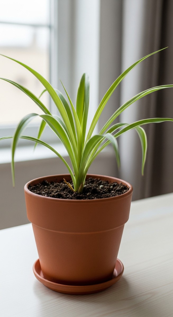 a freshly repotted spider plant plant in a new pot with fresh soil, for repotting spider plants