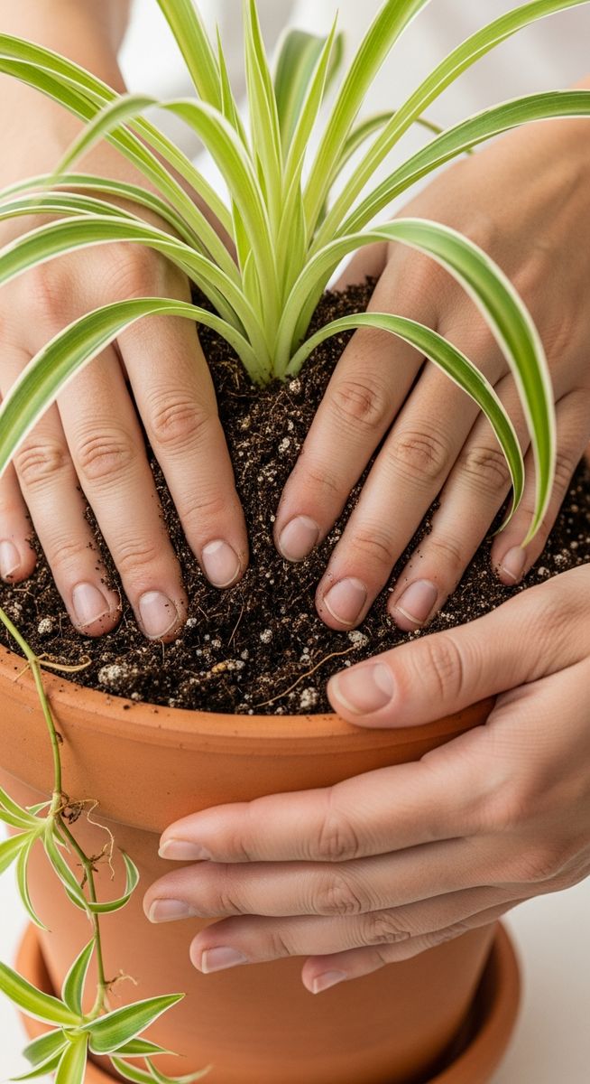 hands pressing fresh soil around a spider plant plant in its new pot