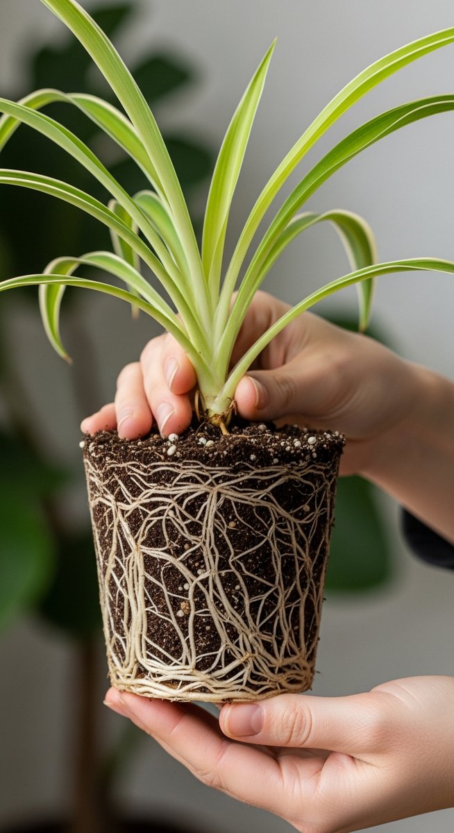 a spider plant plant held with roots visible ready to go into a new pot, for repotting spider plants