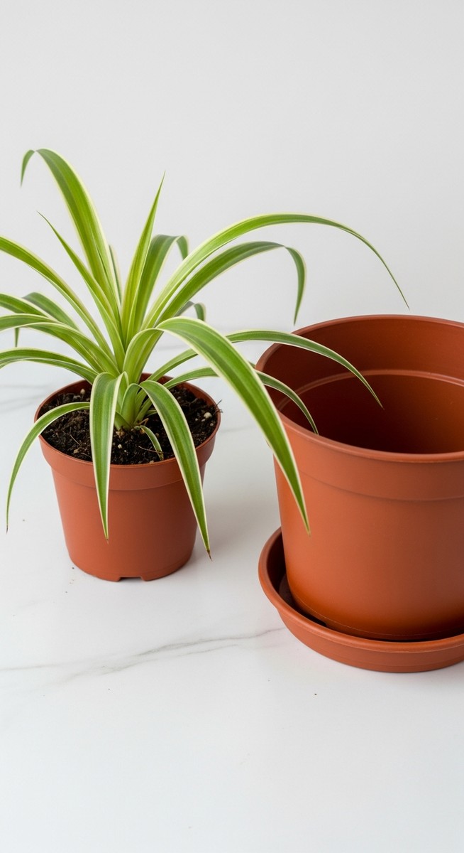 a spider plant plant in a small pot beside a larger empty pot