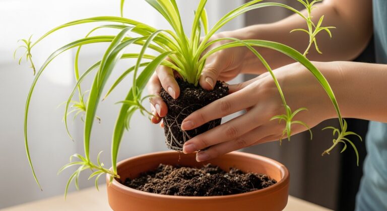 hands repotting a spider plant plant into a larger pot with fresh soil, for repotting spider plants