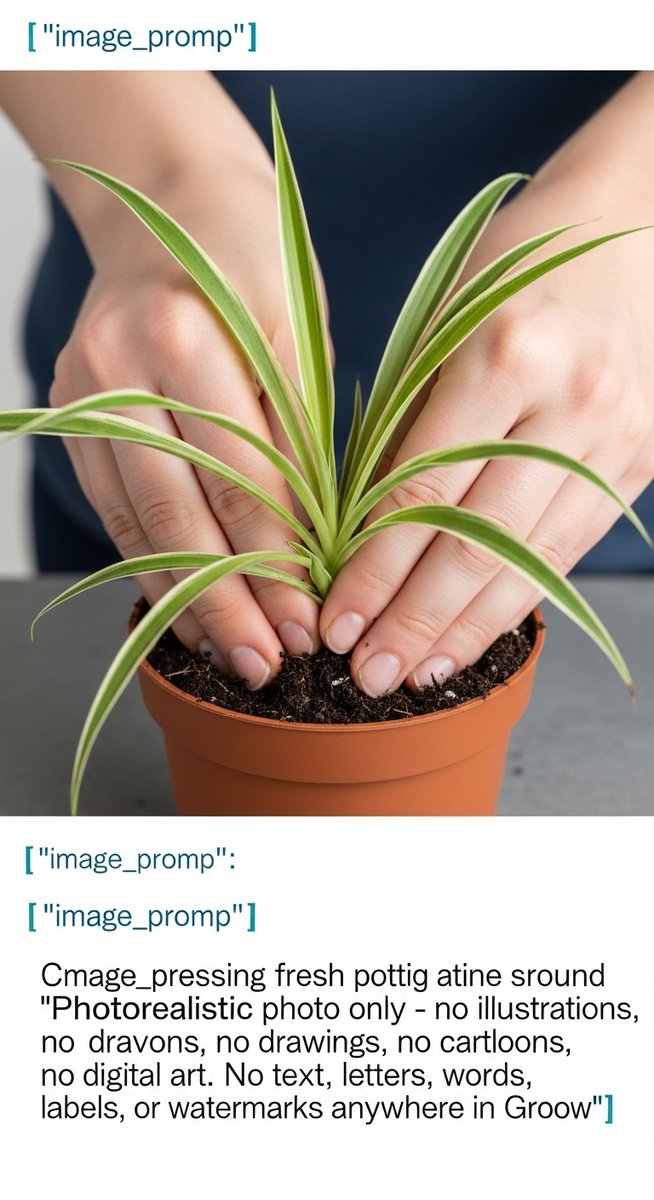 hands pressing fresh soil around a spider plant plant in its new pot