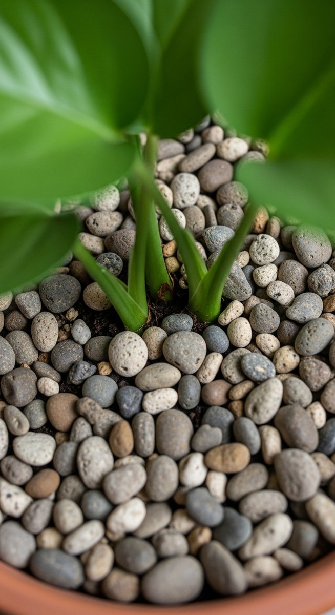 Close-up of the top of a potted houseplant showing small decorative rocks or peb, for rocks potted plants