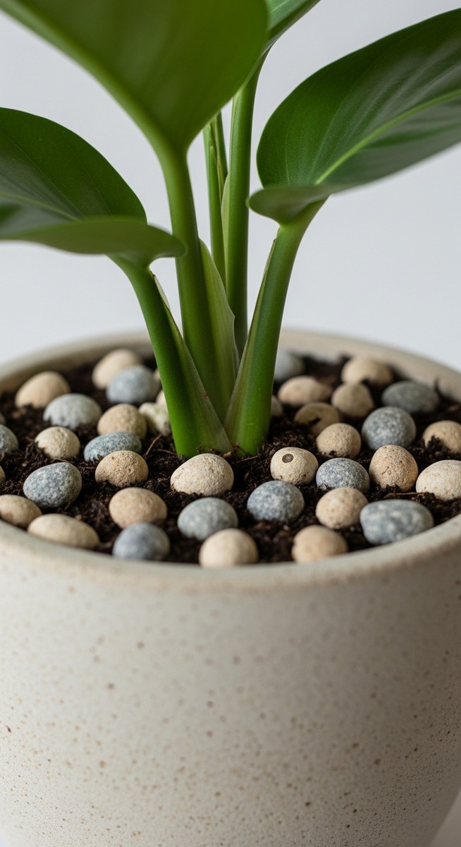 Close-up of the top of a potted houseplant showing small decorative rocks or peb
