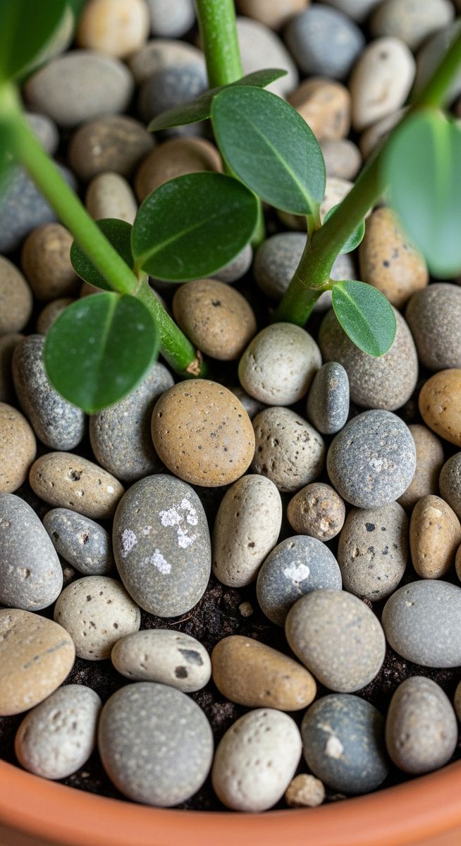 Close-up of the top of a potted houseplant showing small decorative rocks or peb