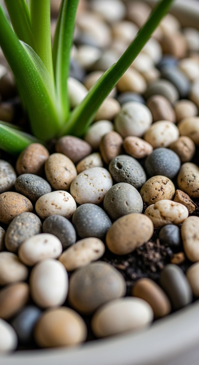 Close-up of the top of a potted houseplant showing small decorative rocks or peb, for rocks potted plants